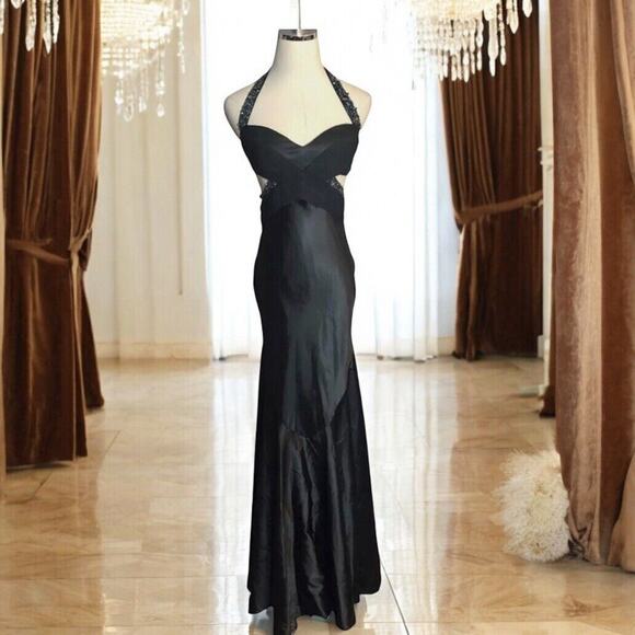 Y2K Julian Joyce Vintage Gown Black Satin Beads Sequins Mandalay Formal Pageant - Picture 1 of 16